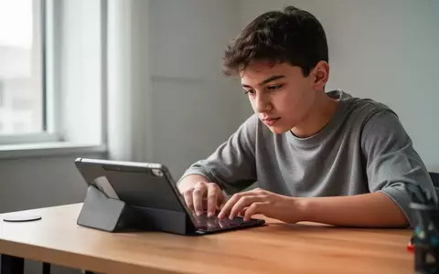 Ein Jugendlicher nutzt konzentriert ein Tablet an einem Schreibtisch in einem hellen, modern eingerichteten Raum. - Foto: über boerse-global.de