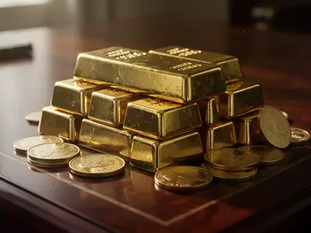Nahaufnahme von Goldbarren und Goldmünzen auf einer dunklen Holzoberfläche bei natürlichem Licht. - Foto: über boerse-global.de
