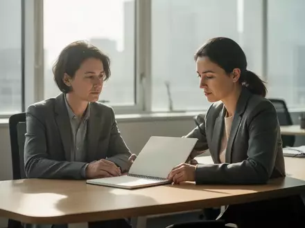 Eine Person sitzt an einem aufgeräumten Schreibtisch in einem hellen Büro und blickt nachdenklich in ein Notizbuch. - Foto: über boerse-global.de