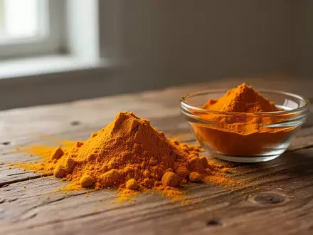 Nahaufnahme von leuchtend orangefarbenem Kurkumapulver auf einem rustikalen Holztisch. - Foto: über boerse-global.de