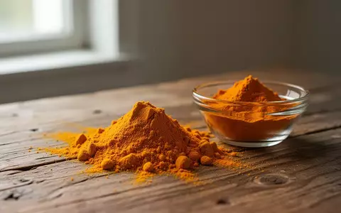 Nahaufnahme von leuchtend orangefarbenem Kurkumapulver auf einem rustikalen Holztisch. - Foto: über boerse-global.de