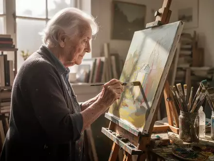 Eine ältere Person beim Malen in einem lichtdurchfluteten Atelier, umgeben von Büchern und künstlerischem Zubehör. - Foto: über boerse-global.de
