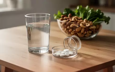 Ein Glas Wasser und Magnesiumtabletten auf einem Holztisch neben einer Schale mit Nüssen und grünem Gemüse. - Foto: über boerse-global.de