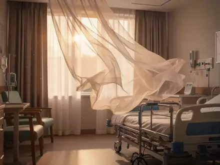 Ein modern eingerichtetes Pflegezimmer mit zugezogenen Vorhängen an einem heißen Sommertag, durch die Sonnenlicht fällt. - Foto: über boerse-global.de