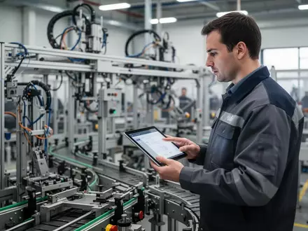 Ein Ingenieur in einer modernen Fertigungshalle analysiert Produktionsdaten auf einem Tablet an einer Montagelinie. - Foto: über boerse-global.de