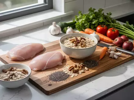 Eine gesunde Mahlzeit mit proteinreichen Lebensmitteln wie magerem Fleisch, Nüssen und Haferflocken auf einem Küchentisch. - Foto: über boerse-global.de