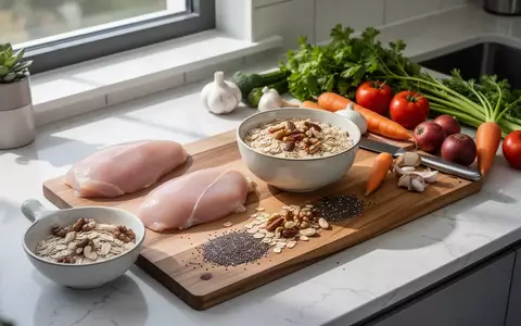 Eine gesunde Mahlzeit mit proteinreichen Lebensmitteln wie magerem Fleisch, Nüssen und Haferflocken auf einem Küchentisch. - Foto: über boerse-global.de