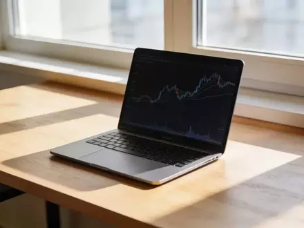 Ein moderner, minimalistischer Arbeitsplatz mit einem Laptop, der abstrakte Finanzdaten anzeigt, in neutralem Licht. - Foto: über boerse-global.de