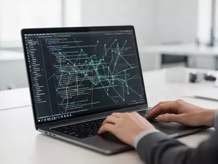 Ein Entwickler arbeitet an einem Laptop, auf dessen Bildschirm komplexer Programmcode zu sehen ist. - Foto: über boerse-global.de