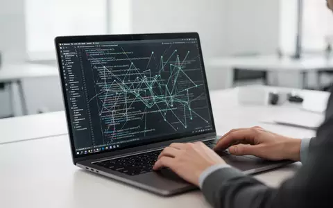 Ein Entwickler arbeitet an einem Laptop, auf dessen Bildschirm komplexer Programmcode zu sehen ist. - Foto: über boerse-global.de