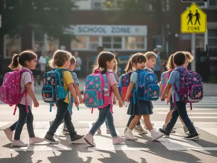 Grundschulkinder mit Schulranzen überqueren morgens einen Zebrastreifen auf dem Schulweg. - Foto: über boerse-global.de