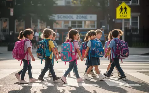 Grundschulkinder mit Schulranzen überqueren morgens einen Zebrastreifen auf dem Schulweg. - Foto: über boerse-global.de