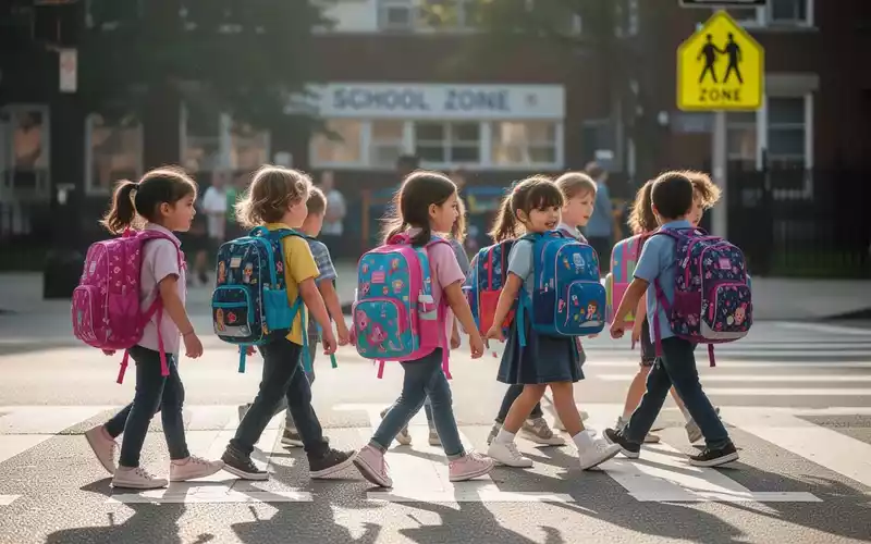 Grundschulkinder mit Schulranzen überqueren morgens einen Zebrastreifen auf dem Schulweg. - Foto: über boerse-global.de