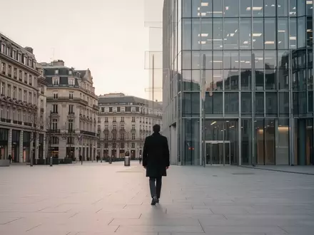 Ein einsamer Geschäftsmann geht in der Morgendämmerung über einen leeren Platz vor einem modernen Bürogebäude. - Foto: über boerse-global.de