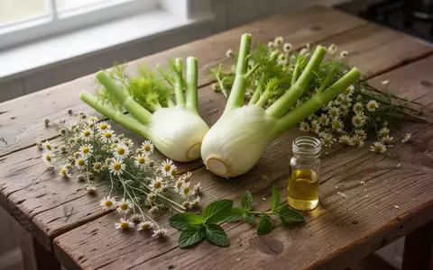 Frischer Fenchel, Kamillenblüten und Pfefferminzöl auf einem Holztisch als pflanzliche Therapieansätze bei Reizdarm. - Foto: über boerse-global.de