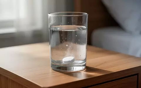 Ein einzelnes Nahrungsergänzungsmittel löst sich in einem Glas Wasser auf einem Nachttisch auf. - Foto: über boerse-global.de