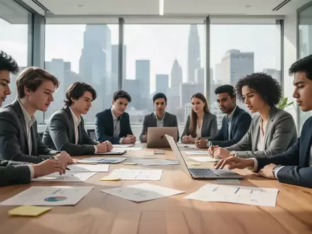 Eine Gruppe von jungen Fachkräften arbeitet in einem modernen, hellen Büro an einer gemeinsamen Strategie für nachhaltiges Management. - Foto: über boerse-global.de