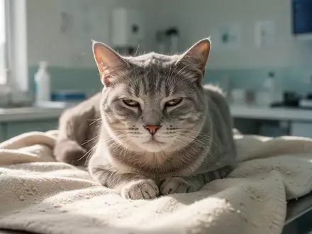 Ältere Katze ruht auf einer weichen Decke in einer hellen Tierarztpraxis. - Foto: über boerse-global.de