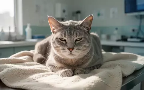 Ältere Katze ruht auf einer weichen Decke in einer hellen Tierarztpraxis. - Foto: über boerse-global.de