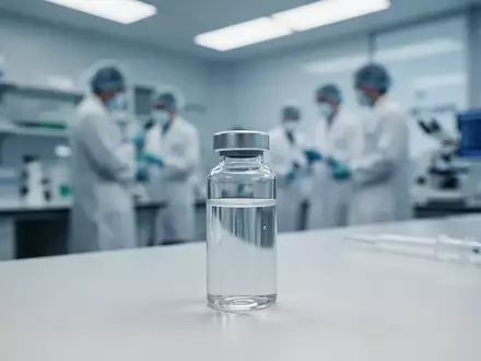 Ein medizinisches Laborfläschchen mit einer klaren Flüssigkeit steht auf einem sterilen Labortisch. - Foto: über boerse-global.de