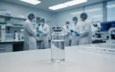 Ein medizinisches Laborfläschchen mit einer klaren Flüssigkeit steht auf einem sterilen Labortisch. - Foto: über boerse-global.de