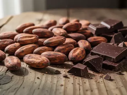 Nahaufnahme von Kakaobohnen und dunklen Schokoladenstücken auf einem rustikalen Holztisch. - Foto: über boerse-global.de