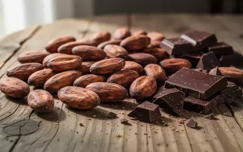 Nahaufnahme von Kakaobohnen und dunklen Schokoladenstücken auf einem rustikalen Holztisch. - Foto: über boerse-global.de