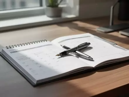 Ein Schreibtisch mit einem Papierkalender und einem Füllfederhalter bei natürlichem Tageslicht. - Foto: über boerse-global.de