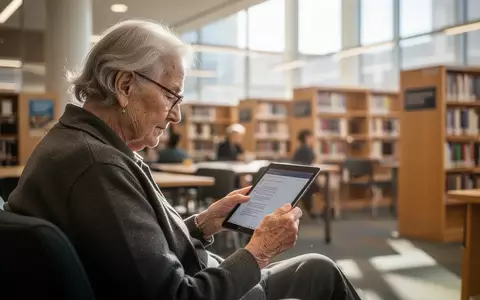 Ein älterer Mensch sitzt in einer modernen Universitätsbibliothek und verwendet ein Tablet zur digitalen Recherche. - Foto: über boerse-global.de