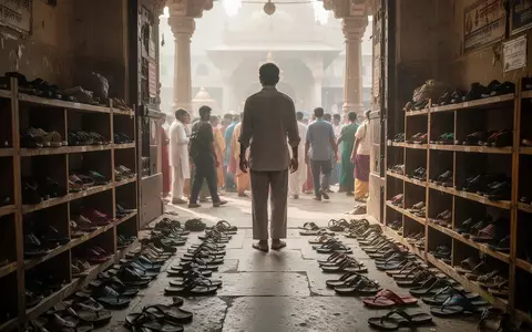 Ein überfüllter Schuhabgabebereich in einem indischen Tempel mit hunderten Paaren von Sandalen und Clogs in Holzregalen. - Foto: über boerse-global.de