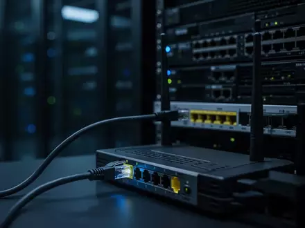 Ein dunkler Serverraum mit Netzwerk-Hardware und einem eingesteckten Ethernet-Kabel bei bläulicher Beleuchtung. - Foto: über boerse-global.de