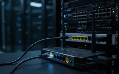 Ein dunkler Serverraum mit Netzwerk-Hardware und einem eingesteckten Ethernet-Kabel bei bläulicher Beleuchtung. - Foto: über boerse-global.de