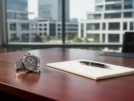 Ein minimalistischer Schreibtisch mit einer Armbanduhr und einem Notizbuch in einem hellen, modernen Büro. - Foto: über boerse-global.de