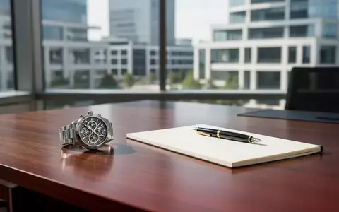 Ein minimalistischer Schreibtisch mit einer Armbanduhr und einem Notizbuch in einem hellen, modernen Büro. - Foto: über boerse-global.de