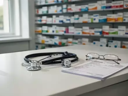 Ein moderner Apothekentresen mit Stethoskop und Lesebrille vor unscharfen Medikamentenpackungen. - Foto: über boerse-global.de