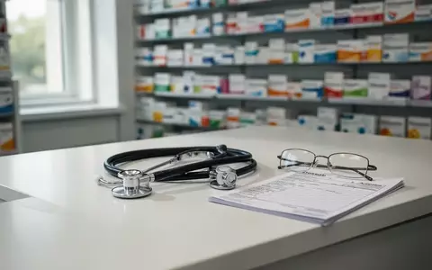 Ein moderner Apothekentresen mit Stethoskop und Lesebrille vor unscharfen Medikamentenpackungen. - Foto: über boerse-global.de