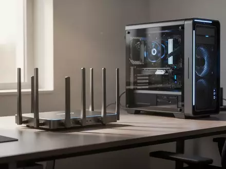 Moderne Netzwerkhardware und eine leistungsstarke Workstation auf einem aufgeräumten Schreibtisch in einem Büro. - Foto: über boerse-global.de