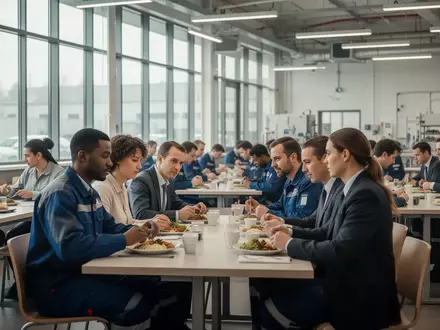 Diverse Mitarbeiter sitzen in einer hellen Betriebskantine gemeinsam an Tischen während der Mittagspause. - Foto: über boerse-global.de