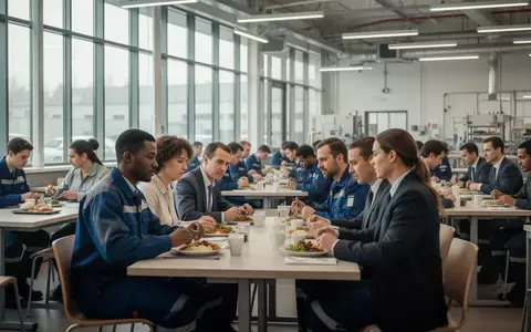 Diverse Mitarbeiter sitzen in einer hellen Betriebskantine gemeinsam an Tischen während der Mittagspause. - Foto: über boerse-global.de
