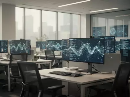Ein modernes, helles Büro in einer Behörde mit Computerarbeitsplätzen und abstrakten Datenvisualisierungen auf den Bildschirmen. - Foto: über boerse-global.de