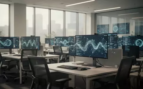 Ein modernes, helles Büro in einer Behörde mit Computerarbeitsplätzen und abstrakten Datenvisualisierungen auf den Bildschirmen. - Foto: über boerse-global.de