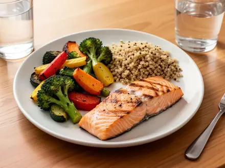 Ein gesund zusammengestellter Teller mit Gemüse, Fisch und Vollkornprodukten auf einem Holztisch. - Foto: über boerse-global.de