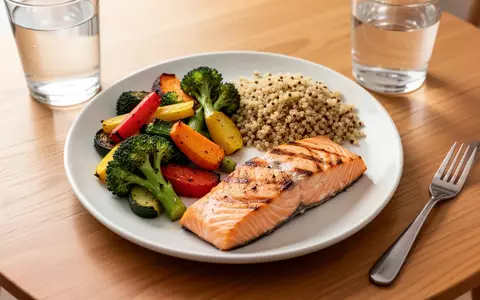 Ein gesund zusammengestellter Teller mit Gemüse, Fisch und Vollkornprodukten auf einem Holztisch. - Foto: über boerse-global.de