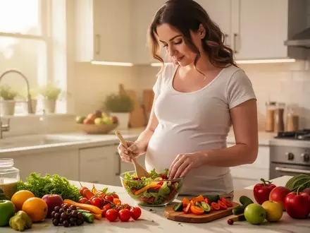 Eine schwangere Frau bereitet in einer hellen Küche einen gesunden Salat aus frischem Gemüse zu. - Foto: über boerse-global.de