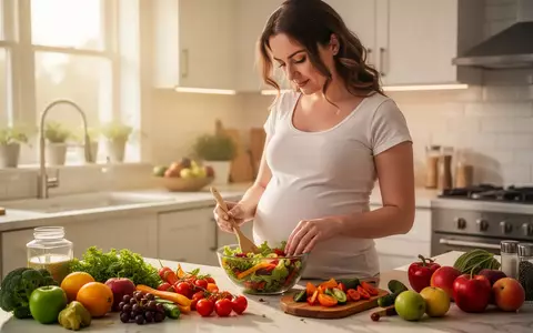 Eine schwangere Frau bereitet in einer hellen Küche einen gesunden Salat aus frischem Gemüse zu. - Foto: über boerse-global.de