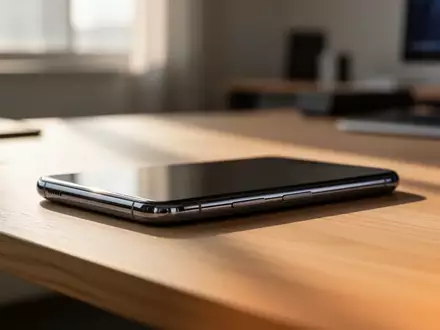 Ein modernes Smartphone liegt auf einem minimalistischen Holztisch in einem hellen Büro. - Foto: über boerse-global.de