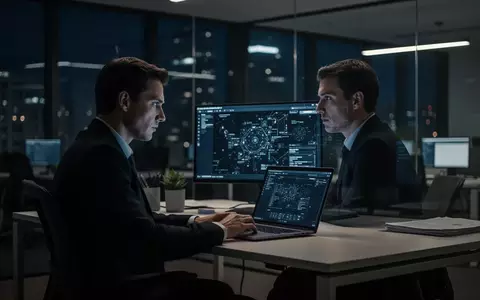 Ein professioneller Analyst arbeitet in einem abgedunkelten Büro an einem Laptop während einer IT-Krisensituation. - Foto: über boerse-global.de
