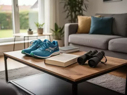 Ein ordentlich aufgeräumter Wohnzimmertisch mit Freizeitausrüstung wie Laufschuhen und einem Buch bei natürlichem Tageslicht. - Foto: über boerse-global.de