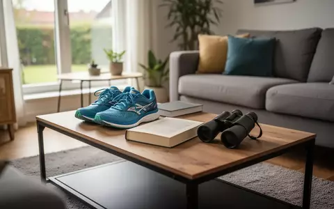 Ein ordentlich aufgeräumter Wohnzimmertisch mit Freizeitausrüstung wie Laufschuhen und einem Buch bei natürlichem Tageslicht. - Foto: über boerse-global.de