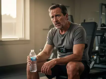 Ein erschöpfter Mann mit Herzfrequenzmesser sitzt auf einer Trainingsbank in einem Fitnessstudio. - Foto: über boerse-global.de